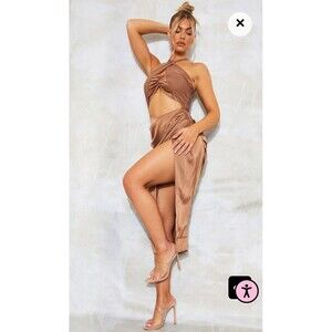 PrettyLittleThing Brown Strappy Mesh Draped Satin Midi Sexy Ruched Dress Size 10